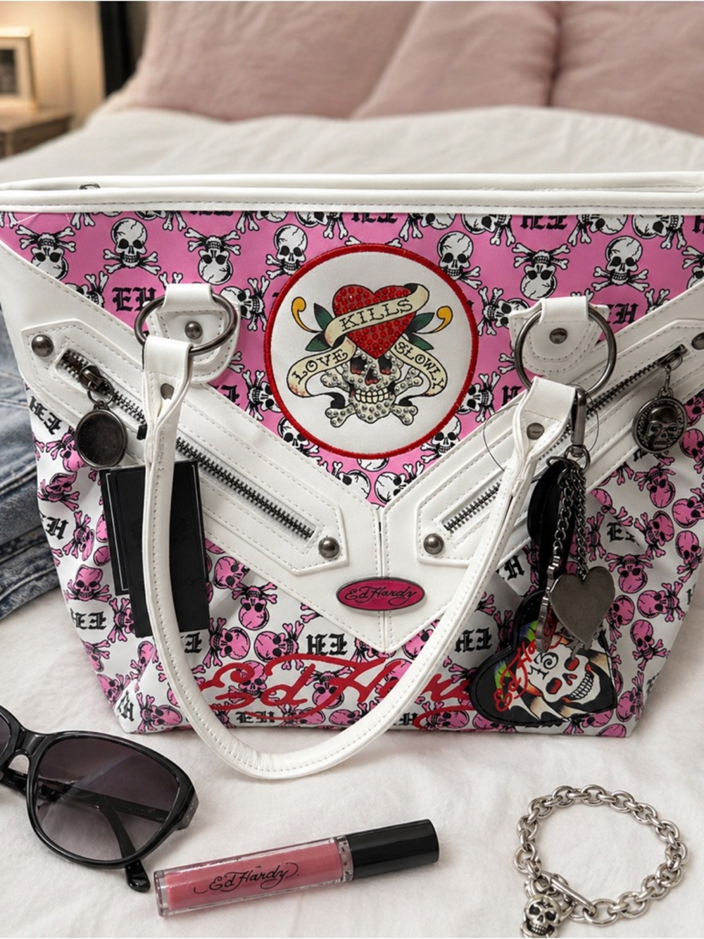 Ed Hardy Love Kills Slowly Pink Skull Tote Y2K McBling Purse NWT